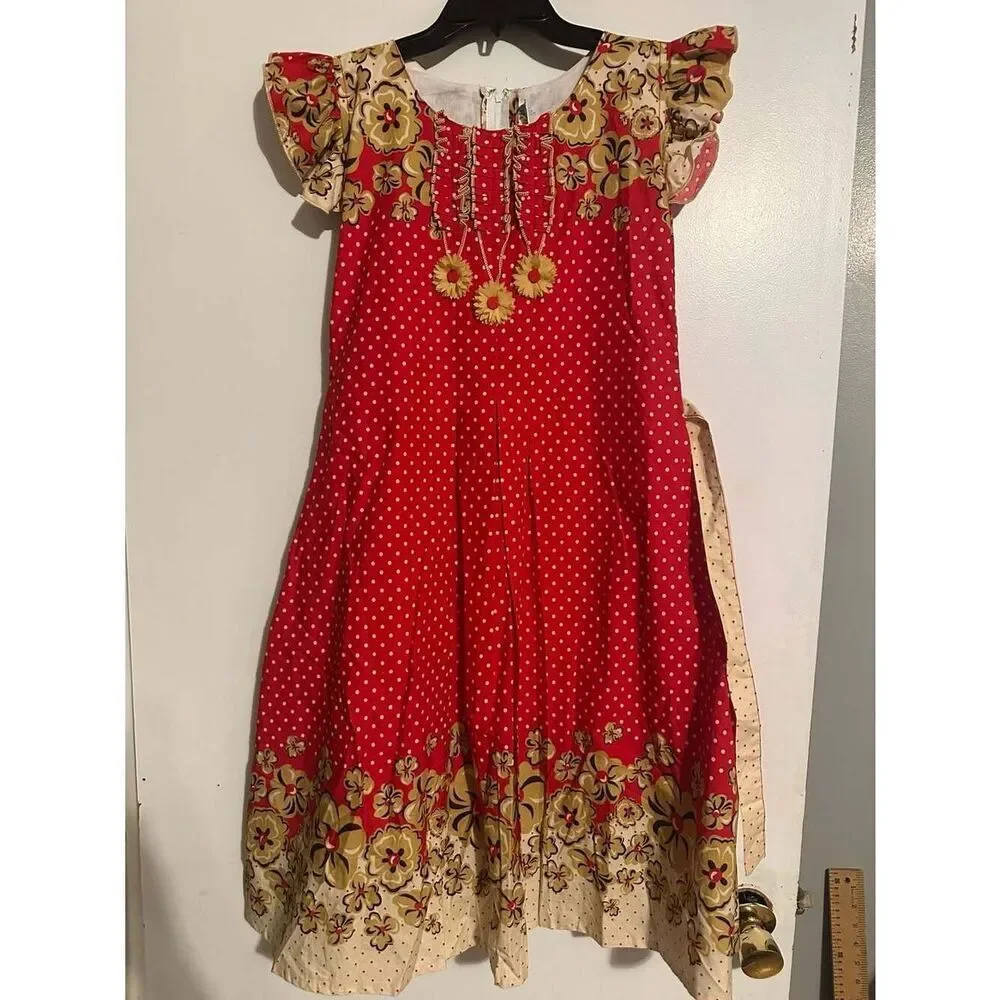 Vintage Timex Dresses Red Polka Dot and Floral Ruffle Trim Dress Medium